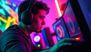 Menggambarkan permainan daftar lapak303 game yang seru oleh seorang gamer profesional dalam suasana yang intens.