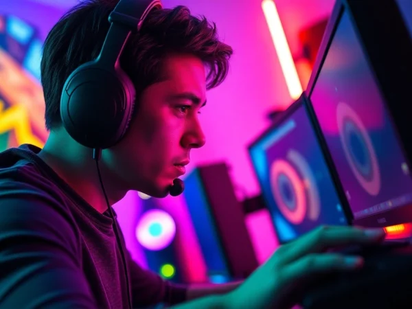 Menggambarkan permainan daftar lapak303 game yang seru oleh seorang gamer profesional dalam suasana yang intens.
