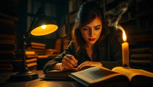 Thriller author writing in a dimly lit library, surrounded by books, conveying suspense and intrigue.