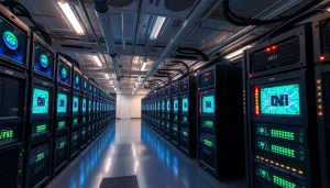 Crypto mining farm showcasing advanced ASIC miners and cooling systems in a high-tech environment.