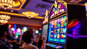 Slot terpercaya yang menarik menampilkan reel berputar di mesin slot dengan warna-warna cerah.