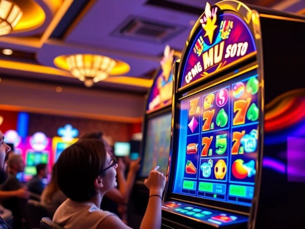Slot terpercaya yang menarik menampilkan reel berputar di mesin slot dengan warna-warna cerah.