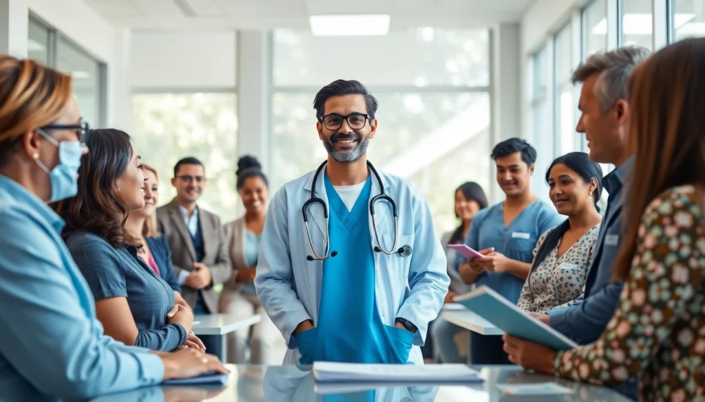 Encouraging health discussion with healthcare professionals and diverse patients promoting health.