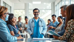 Encouraging health discussion with healthcare professionals and diverse patients promoting health.