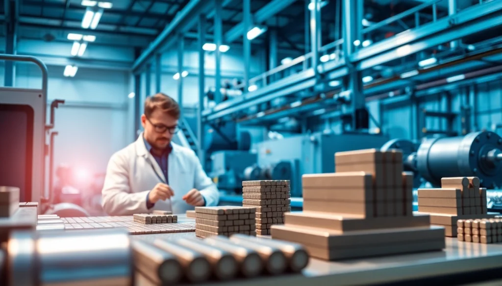 Showcase of NdFeB magnets manufacturer in china with engineers inspecting high-performance magnets.