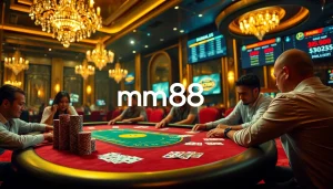 mm88 poker table with players showcasing high-stakes gameplay and vibrant casino atmosphere.