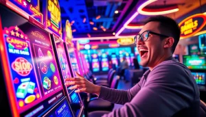 Menggambarkan antusiasme bermain link slot gacor dengan mesin slot digital dan pemain yang bersemangat.