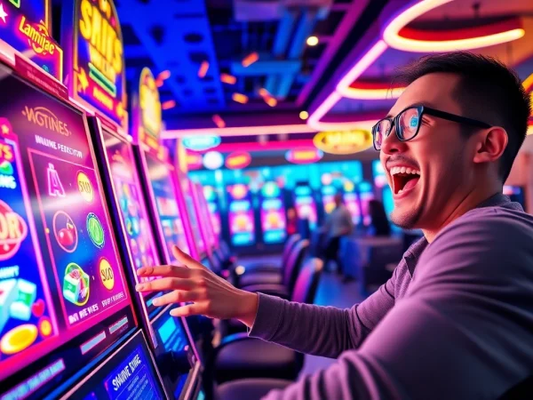 Menggambarkan antusiasme bermain link slot gacor dengan mesin slot digital dan pemain yang bersemangat.