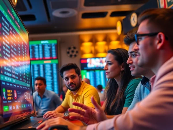 Engaging scene of sports betting Brazil with diverse bettors focusing on live odds.
