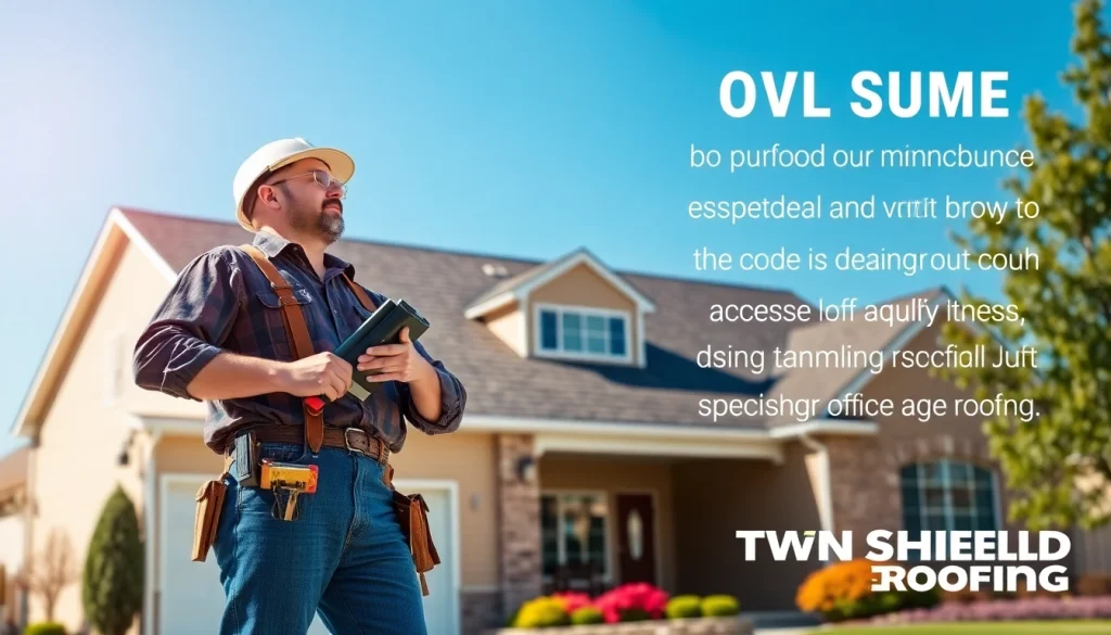 Twin Shield Roofing contractor inspecting high-quality roof installation on a suburban home.