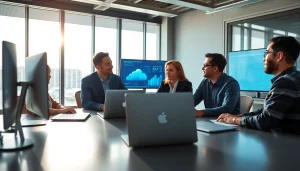 Data analysts collaborating on Cloud Migration Services in a modern office setting.