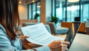 Explorando flipping inmobiliario en una oficina moderna con documentos y tecnología.