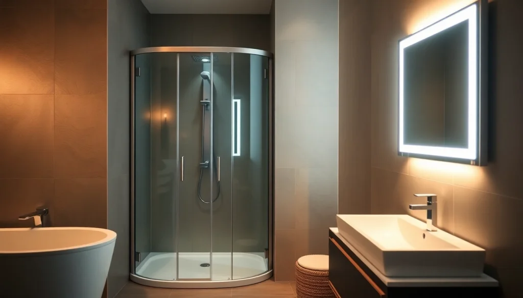 Admirez la cabine de douche sirhona élégante et moderne illuminée LED dans un cadre contemporain.
