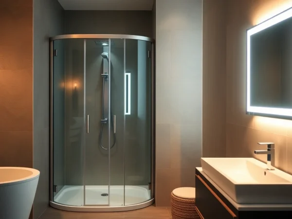 Admirez la cabine de douche sirhona élégante et moderne illuminée LED dans un cadre contemporain.