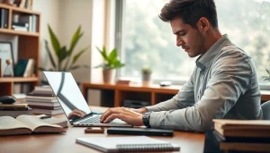 Enhance your translation needs with https://www.elitetranslingo.com, showcasing a translator focused on work at a vibrant desk.