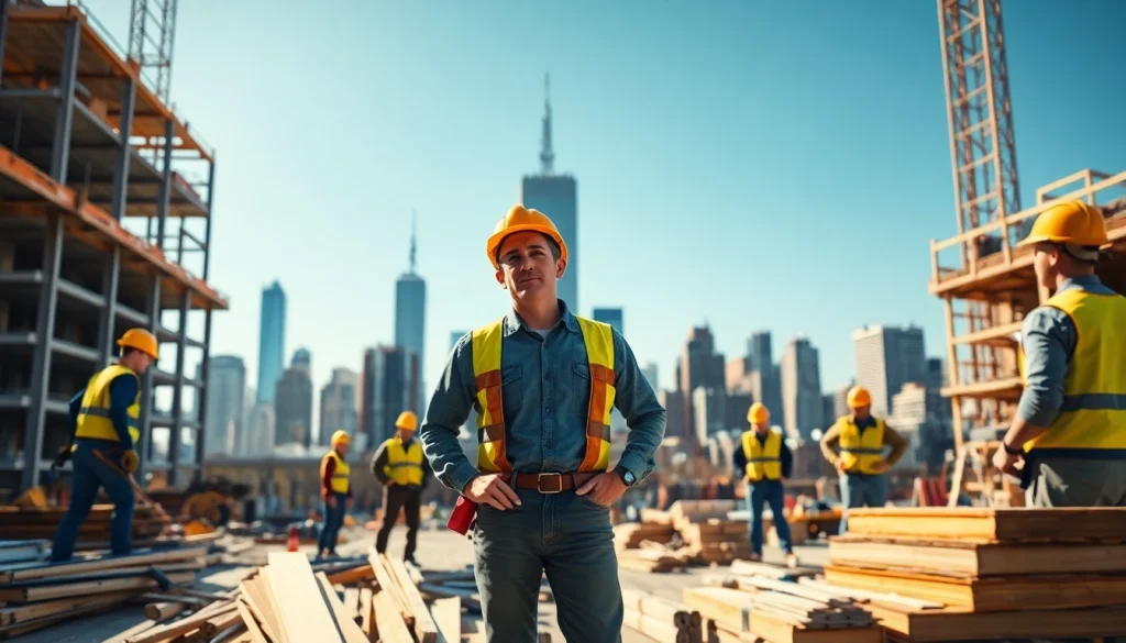 New York General Contractor overseeing a vibrant construction site with focused workers and organized materials.