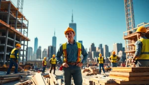 New York General Contractor overseeing a vibrant construction site with focused workers and organized materials.