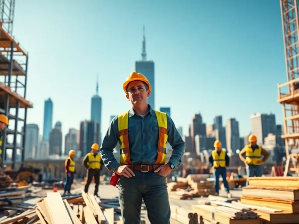 New York General Contractor overseeing a vibrant construction site with focused workers and organized materials.