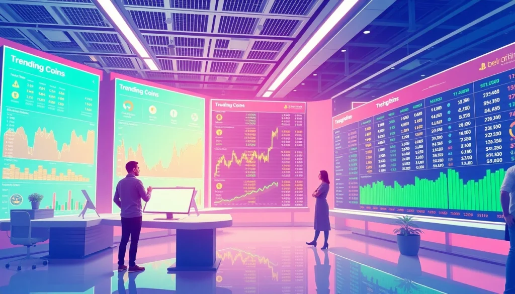 Explore the trending coins listing, showcasing cryptocurrencies with vibrant visuals and user-friendly interface.