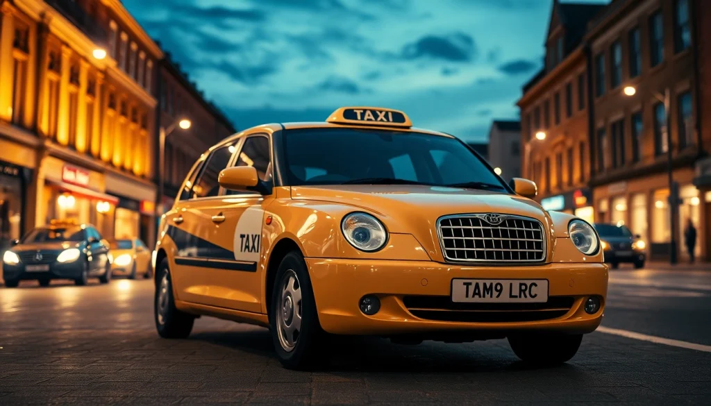 Experience convenience with West bridgford Taxi at night, featuring a stylish beige taxi amidst vibrant city lights.