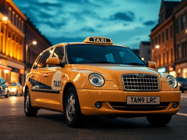 Experience convenience with West bridgford Taxi at night, featuring a stylish beige taxi amidst vibrant city lights.
