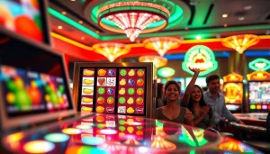 Putar slot mesin modern di kasino yang penuh semangat dengan pemain yang bersuka cita.