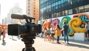 Videographer capturing branded content with a diverse group in an urban environment.