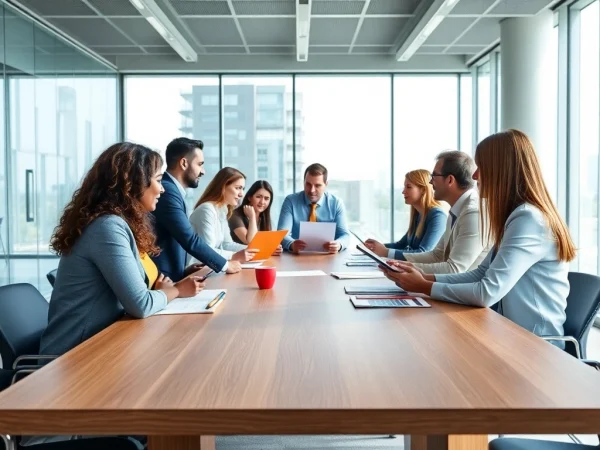 79king group of professionals collaborating in a modern office setting.