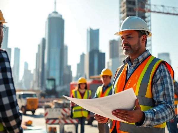 New York City Construction Manager engaged in dynamic site management amidst urban backdrop.