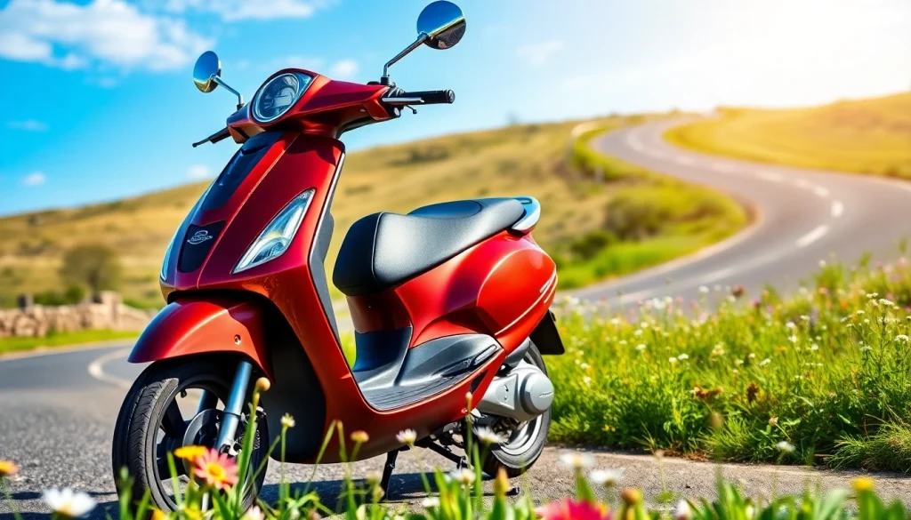 Ein motorroller 50ccm auf einer kurvenreichen Landstraße, strahlend und lebhaft.