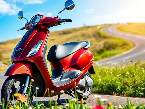 Ein motorroller 50ccm auf einer kurvenreichen Landstraße, strahlend und lebhaft.
