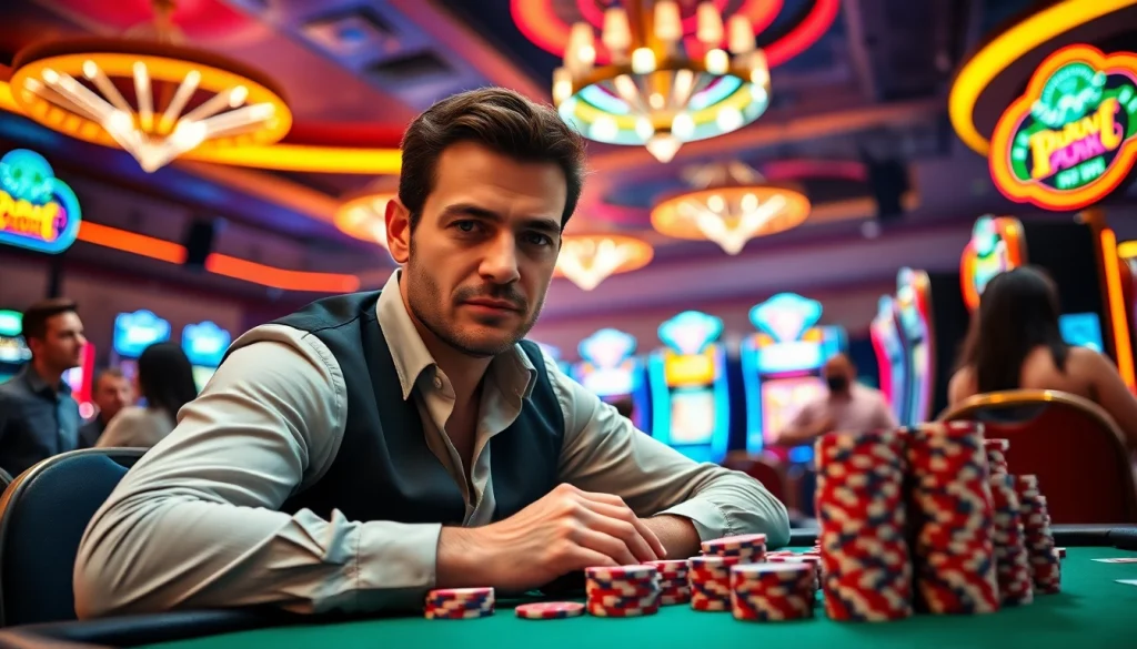 Menggambarkan komengtoto gacor saat bermain poker di kasino yang ramai dan berwarna-warni.