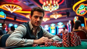 Menggambarkan komengtoto gacor saat bermain poker di kasino yang ramai dan berwarna-warni.