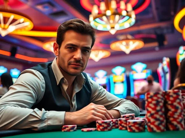 Menggambarkan komengtoto gacor saat bermain poker di kasino yang ramai dan berwarna-warni.