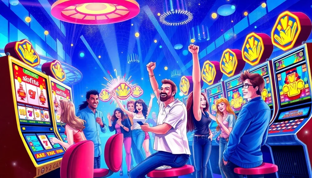 Menghadirkan kegembiraan komengtoto gacor dalam suasana kasino dengan mesin slot dan pemain yang merayakan kemenangan.