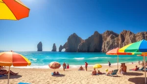 Families enjoying a safe beach in Cabo San Lucas, highlighting the vibrant atmosphere and scenic beauty.