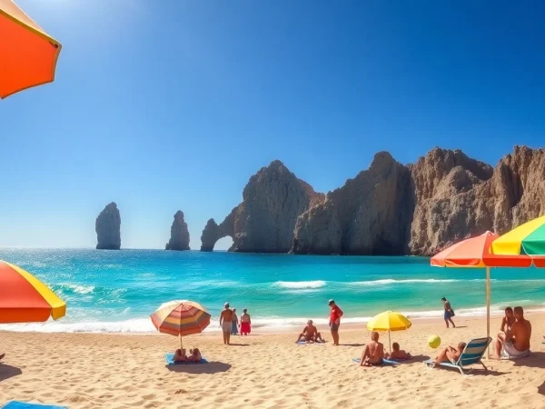 Families enjoying a safe beach in Cabo San Lucas, highlighting the vibrant atmosphere and scenic beauty.