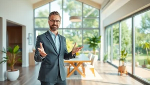 Engaging real estate presentation by a professional agent in a modern home setting.