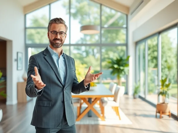 Engaging real estate presentation by a professional agent in a modern home setting.