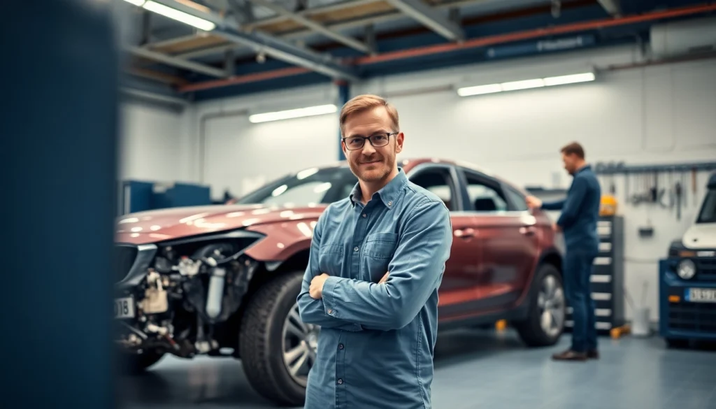 Kfz Sachverständiger Düren prüft ein beschädigtes Fahrzeug in einer Werkstatt mit professionellem Equipment.