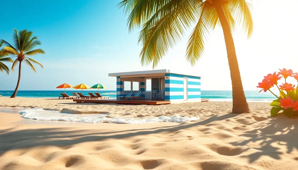 Relax in a coastal cabana by the beach with vibrant umbrellas and a warm sunlit atmosphere.