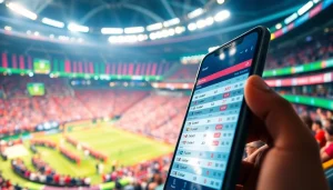 Experience the best sports betting sites in India through an interactive smartphone display amidst a vibrant sports arena.