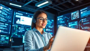 Engage in free ai chat with a professional virtual assistant in a futuristic workspace.