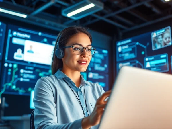 Engage in free ai chat with a professional virtual assistant in a futuristic workspace.