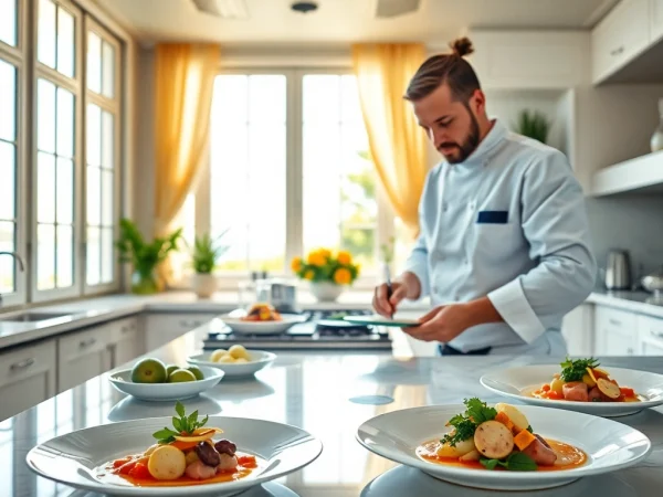 Private chef St Martin creating a gourmet dish in a luxury villa kitchen.