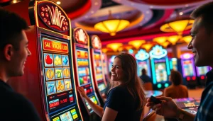 Menang besar dalam permainan link tank4d toto slot dengan mesin slot yang cerah dan pemain yang bahagia.