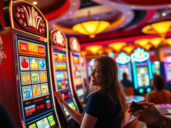 Menang besar dalam permainan link tank4d toto slot dengan mesin slot yang cerah dan pemain yang bahagia.