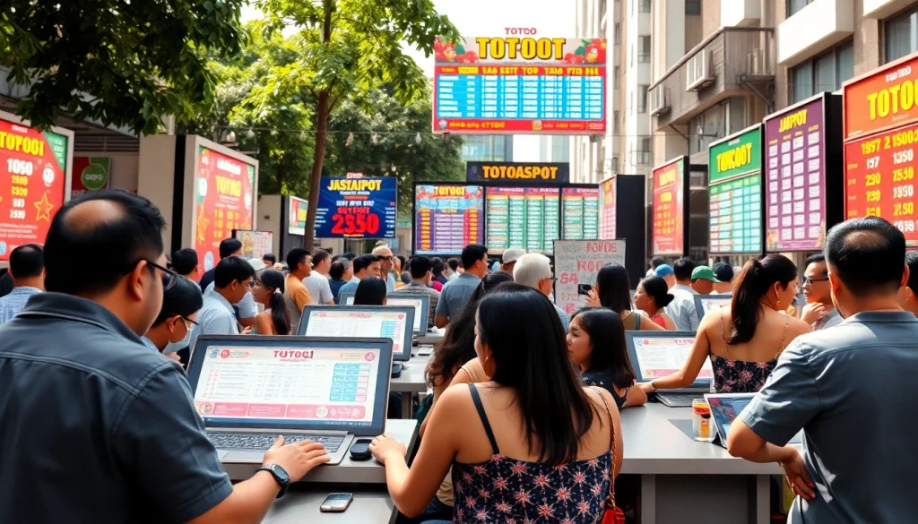 Menampilkan suasana toto togel yang ramai dengan peserta bersemangat di luar ruangan.