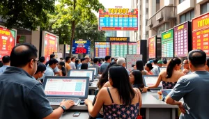 Menampilkan suasana toto togel yang ramai dengan peserta bersemangat di luar ruangan.