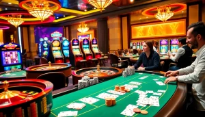 A lively casino scene featuring KJC AC 2 players enjoying a roulette table and slot machines.